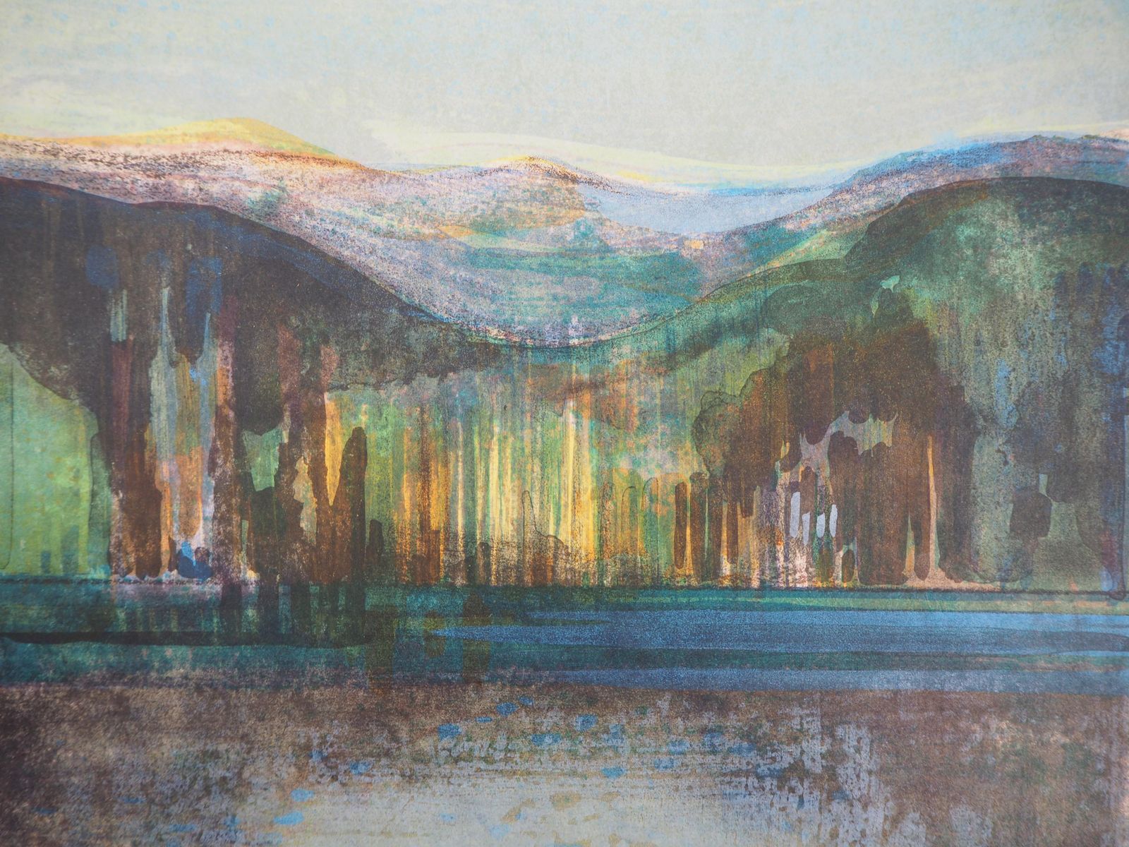 Camille Hilairerivers In France : Sunset On The Lake   Original Handsigned Lithograph1975 photo Art