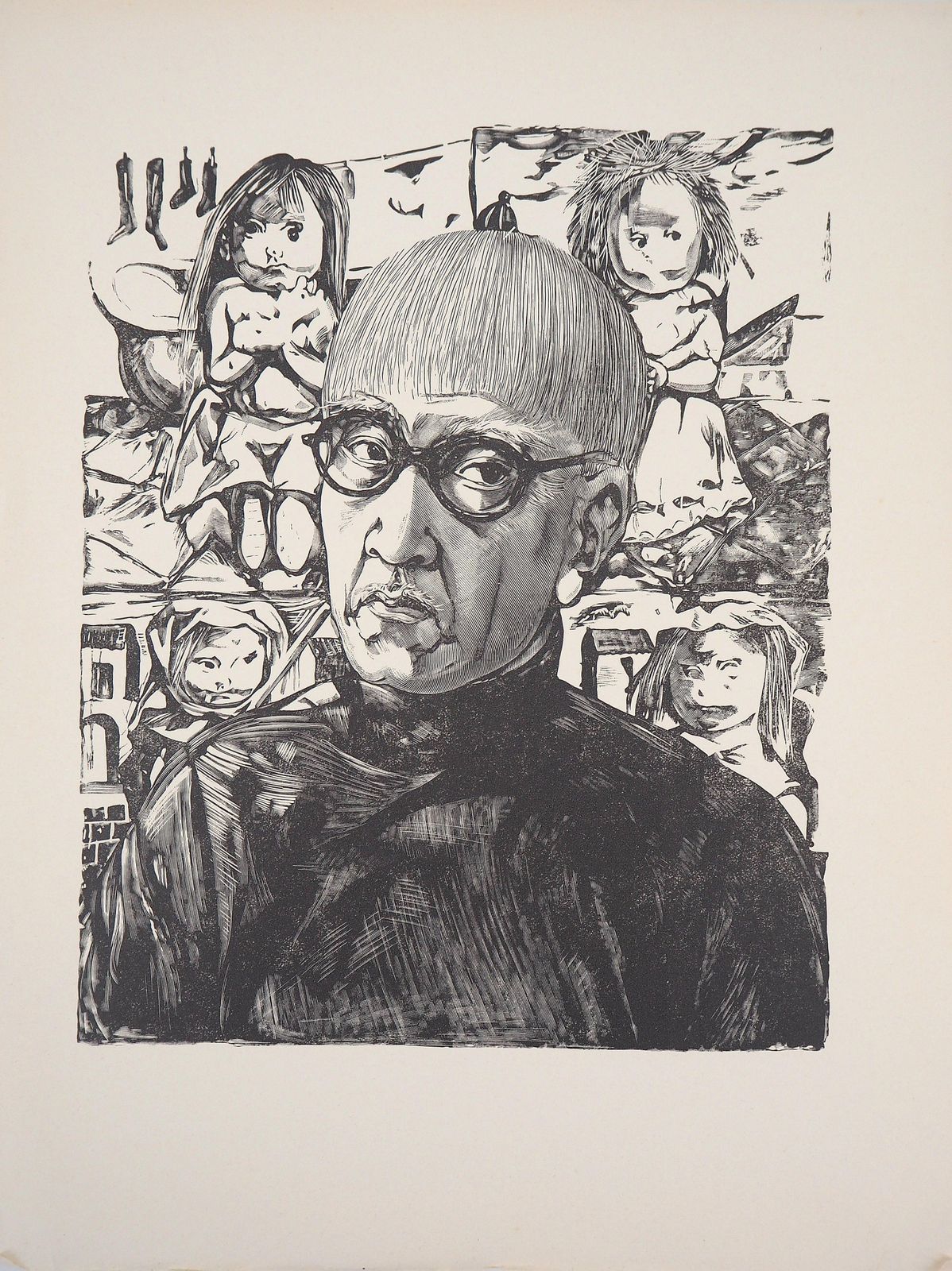Leonard Tsuguharu Foujitaself Portrait With Children   Original Woodcut (Buisson #60.109)1960