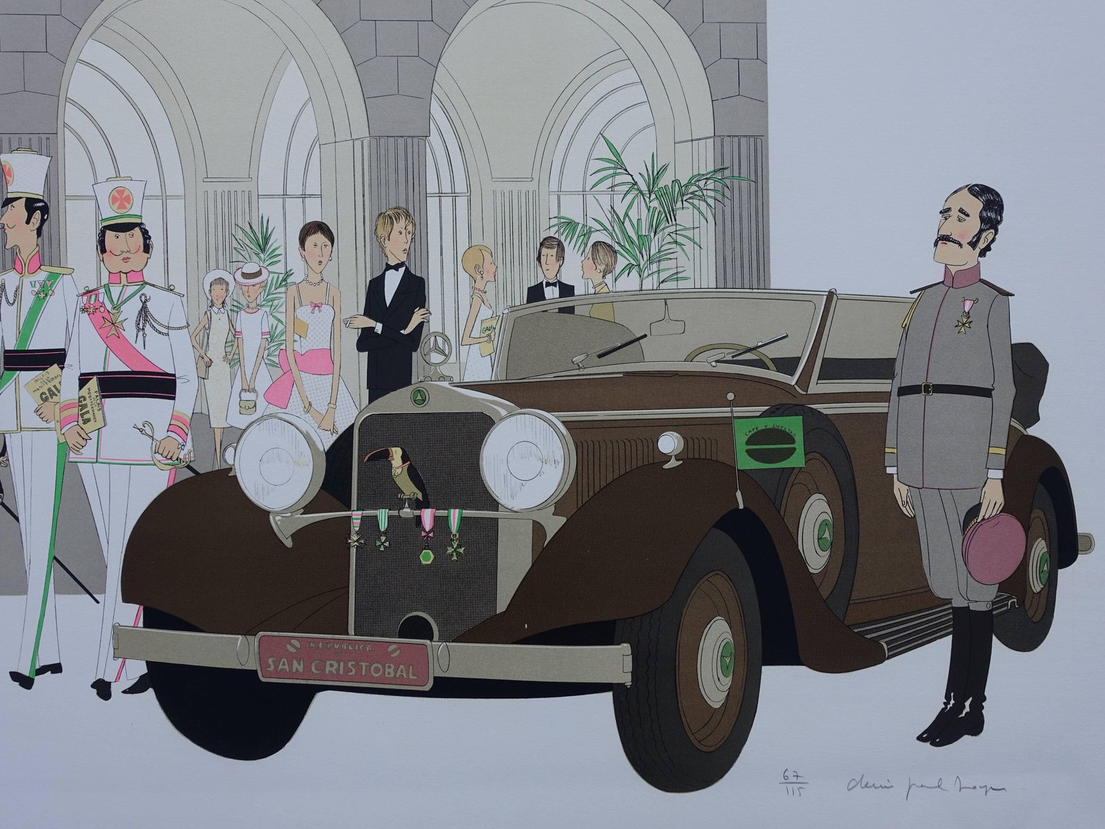 Denis Paul Noyerhotel: Mercedes Cabriolet T290 & Palais Mediterranee   Signed Lithograph   115ex1980 photo Art