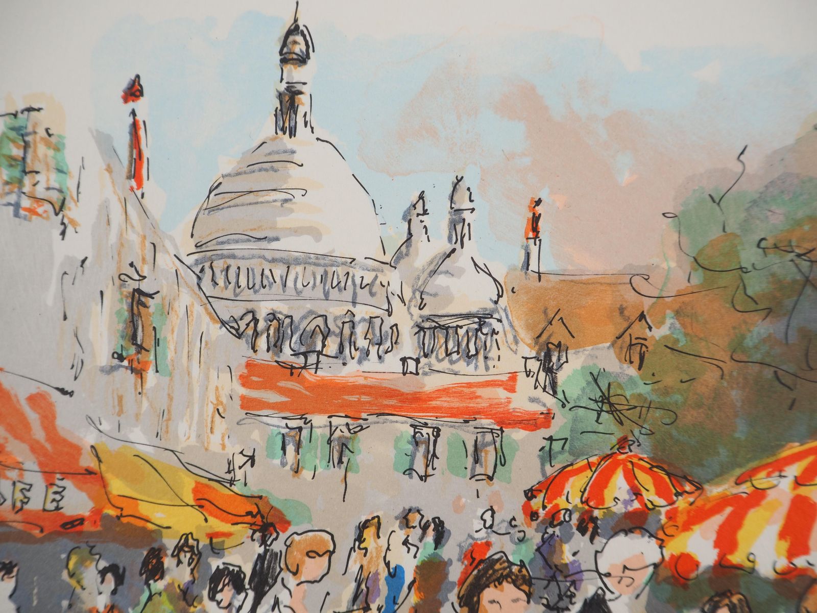 Urbain Huchetmontmartre : Place Du Tertre And Sacre Coeur   Original Lithograph Handsigned 1960 photo Art