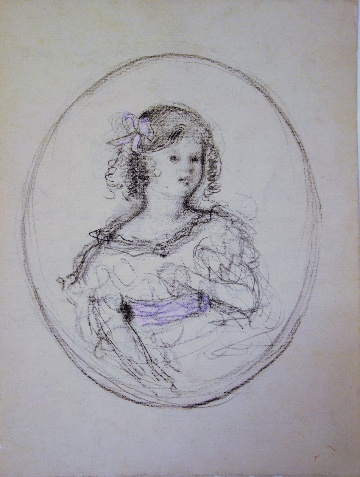 Gustave Poetzschyoung Girl With Pink Ribbon   Original Charcoals Drawing