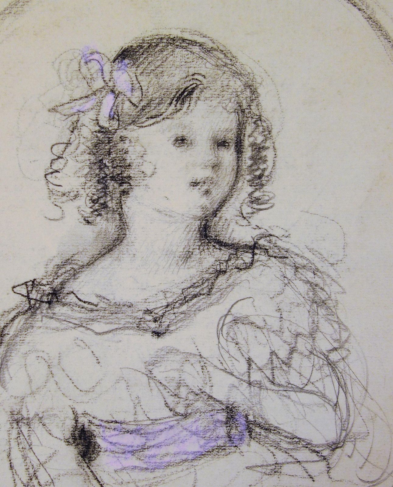 Gustave Poetzschyoung Girl With Pink Ribbon   Original Charcoals Drawing photo Art