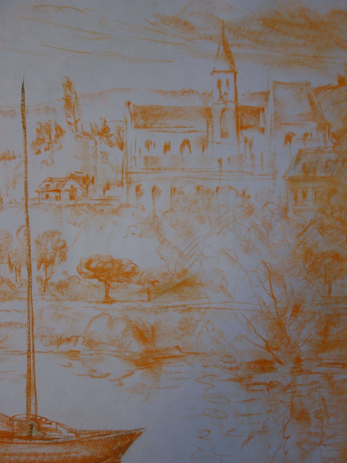 Gaston Coppenssmall Village Along The River   Original Signed Charcoals Drawing photo for sale