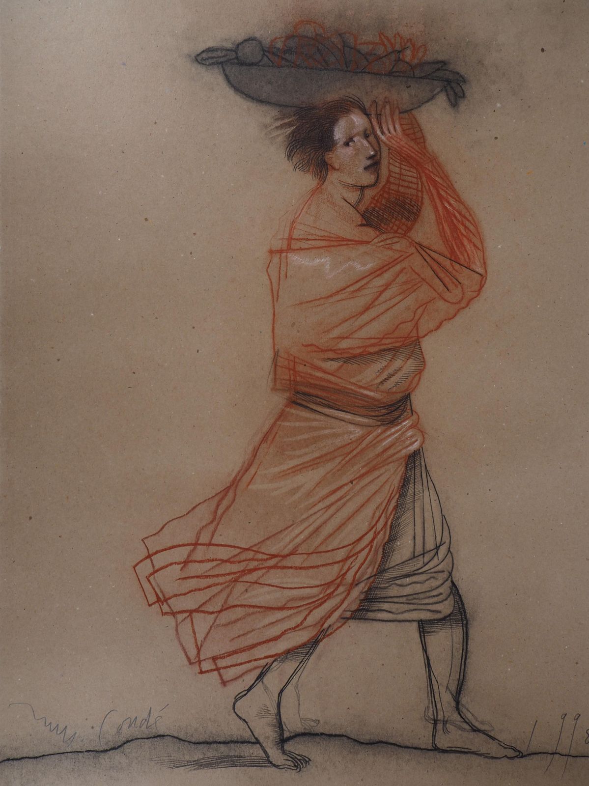 Miguel Condethe Fruit Seller   Tall Original Ink And Charcoals Drawing, Handsigned1998 photo for sale