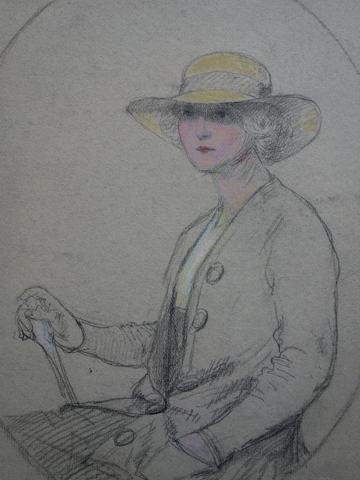 Gustave Poetzschlady Wearing A Yellow Hat   Original Signed Charcoals Drawing photo for sale
