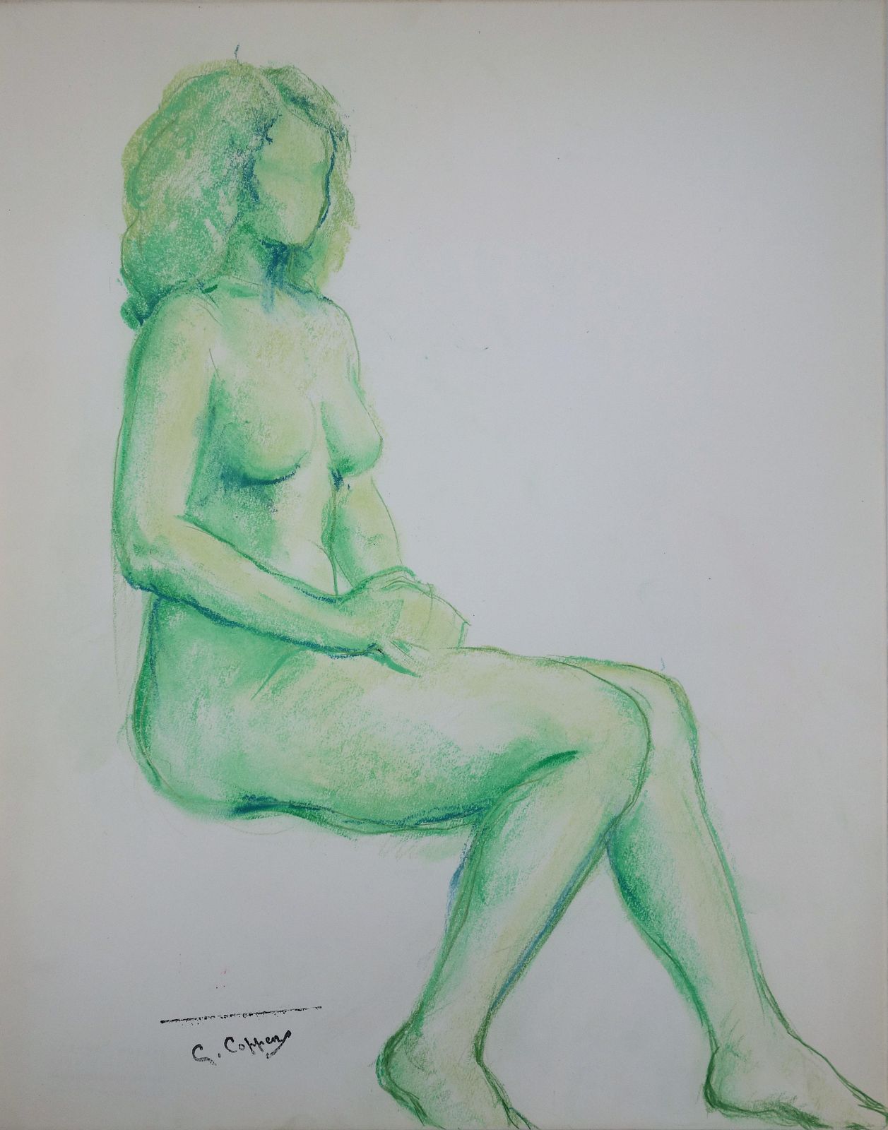 Gaston Coppensnude In Green   Original Charcoals Drawing