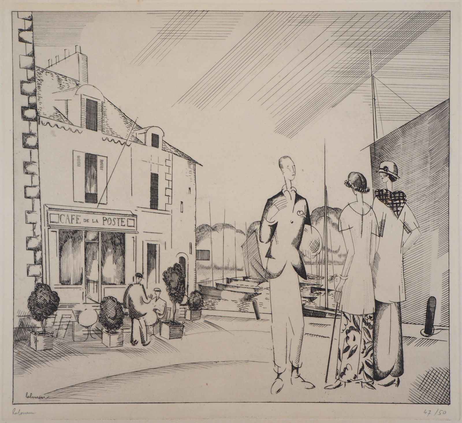 Jean Emile Laboureurthe Harbor Cafe   Original Etching, Handsigned1923