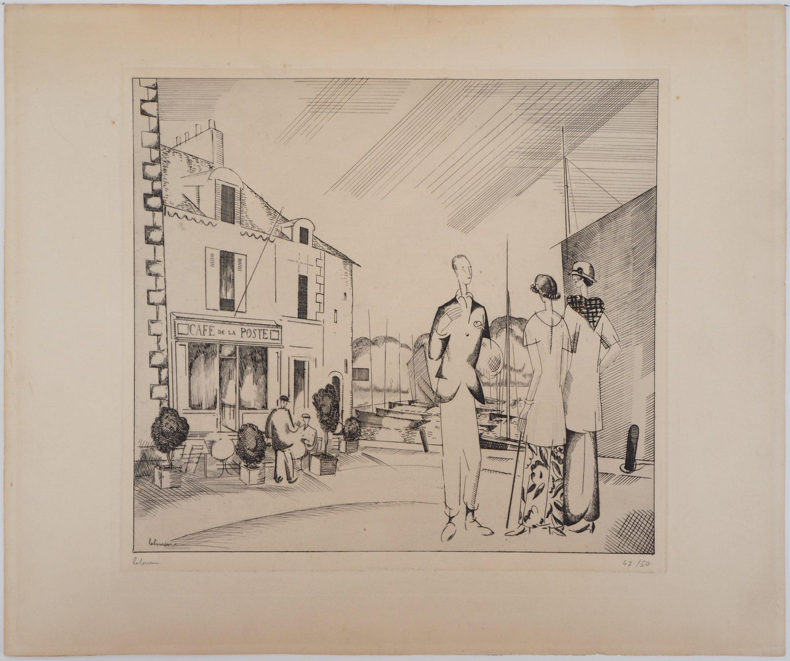 Jean Emile Laboureurthe Harbor Cafe   Original Etching, Handsigned1923 photo furniture
