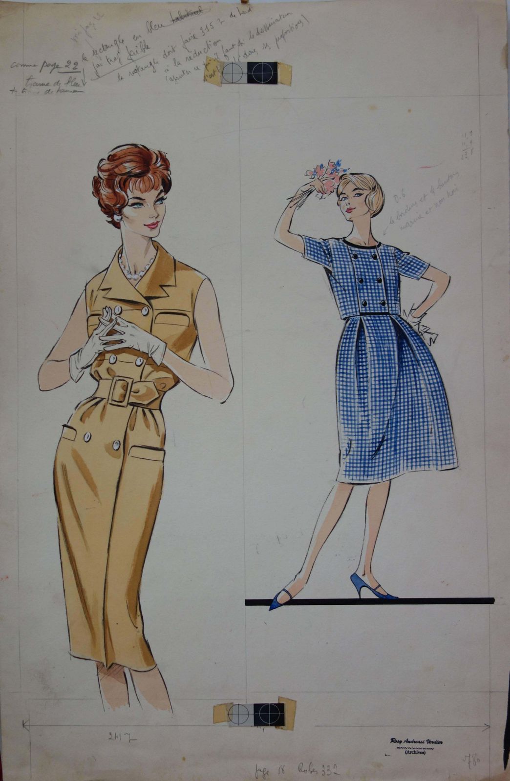 Rosy Andreasi Verdiermode Drawing : Elegant Short Dresses   Original Watercolor & Gouache Drawing