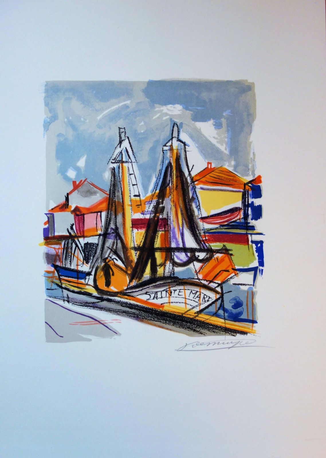 François Desnoyerbrittain : Sailboats In A Small Harbour   Original Handsigned Lithograph1965 photo for sale