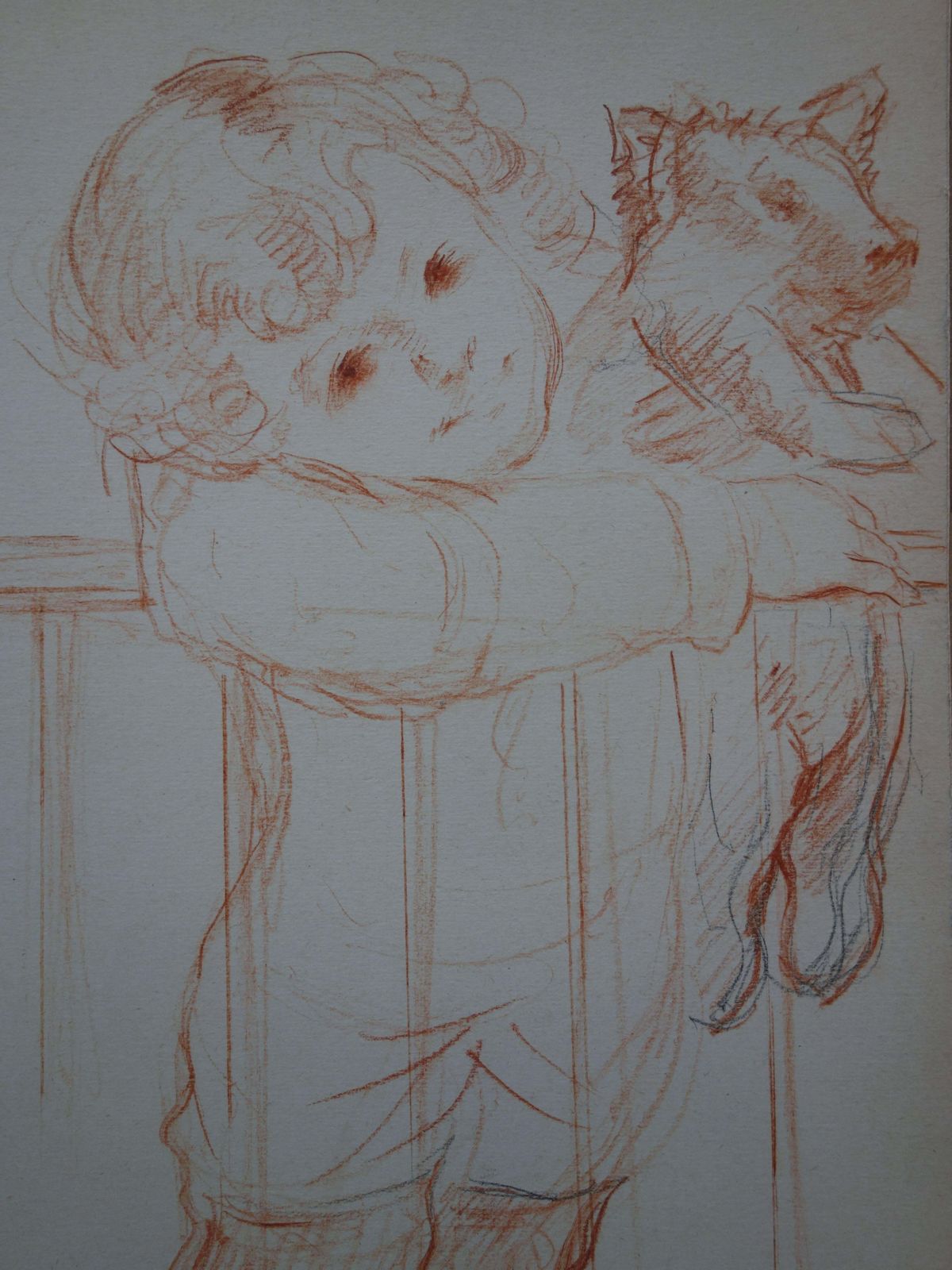 Gustave Poetzschyoung Boy With Pig Stuffed Toy   Original Signed Charcoal Drawing photo for sale