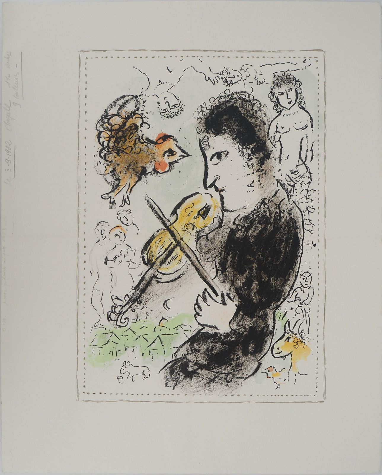 Marc Chagallviolin Player With A Rooster   Original Lithograph (Mourlot #1000)1982