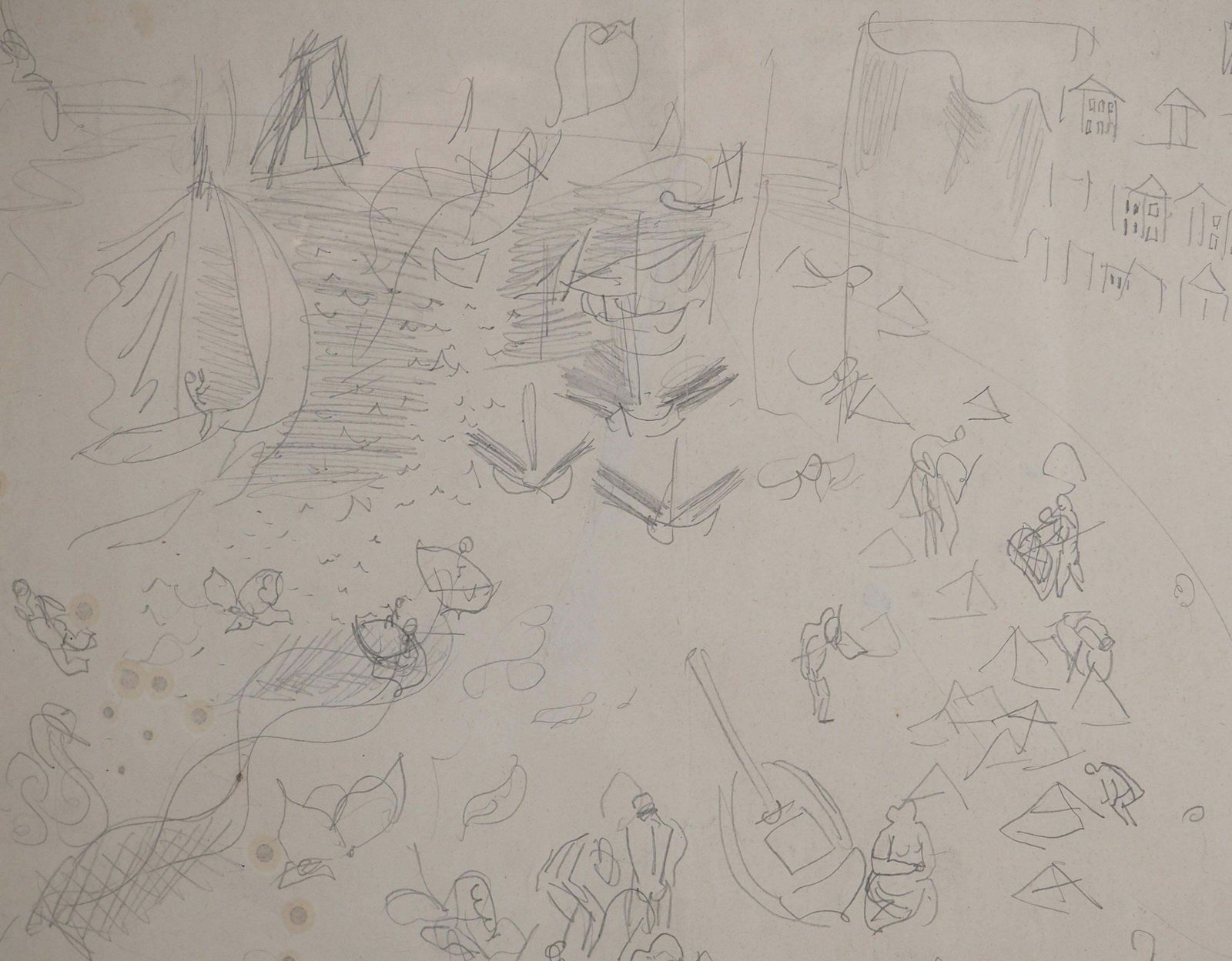 Raoul Dufynormandy : Animated Beach And Sailboats   Original Pencil Drawing photo for sale