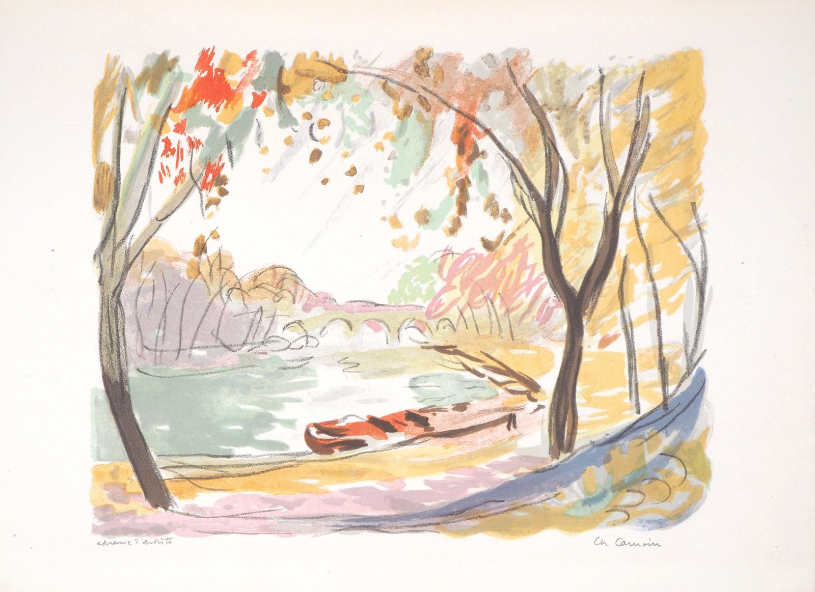 Charles Camoinfall In Paris : Near Seine River   Original Lithograph   Signed1946 photo furniture