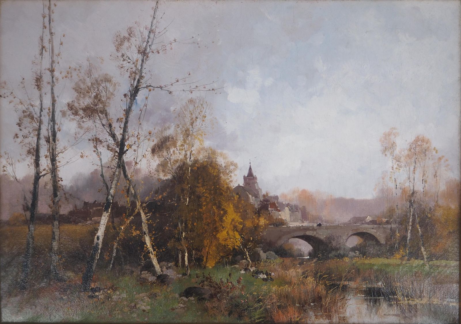 photo for sale Eugene Galien Lalouenormandy, Bridge Near A Village   Original Painting On Canvas   Signed