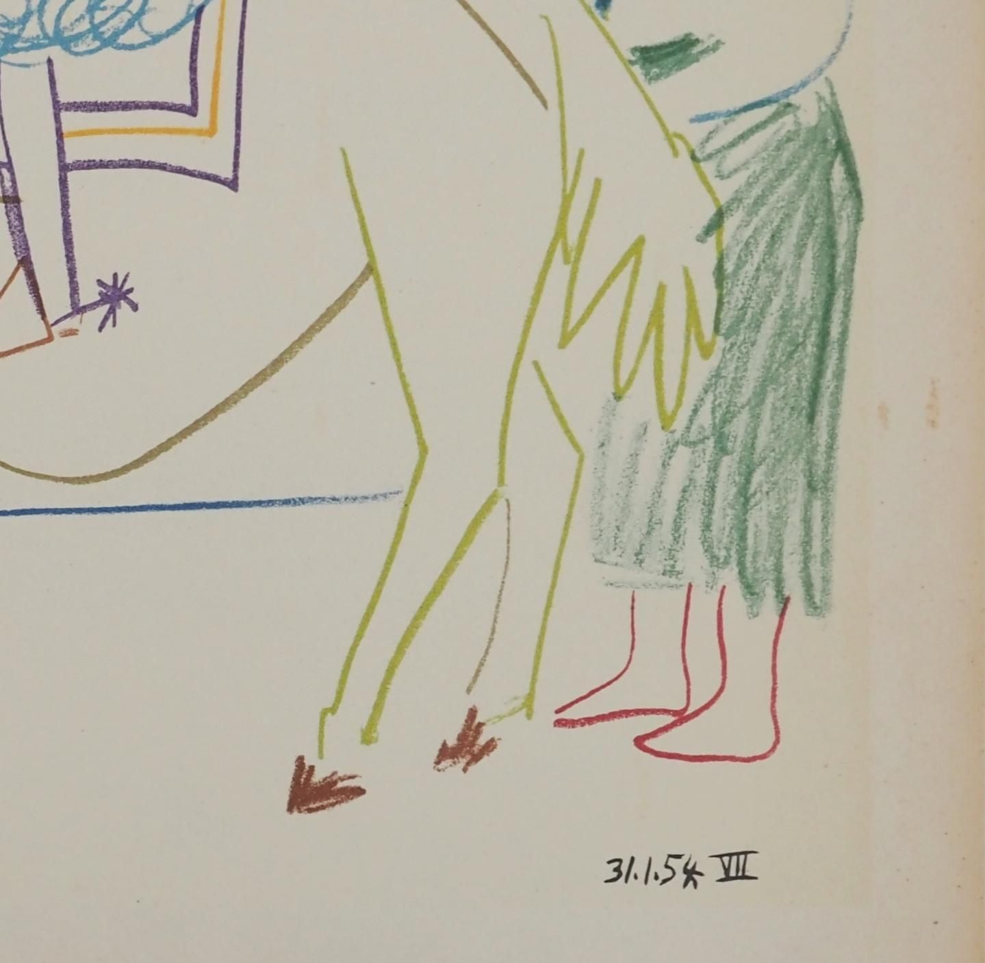 Pablo Picassoknight, Nude Woman And Man Wearing A Mask    Lithograph (Mourlot)1954 photo furniture