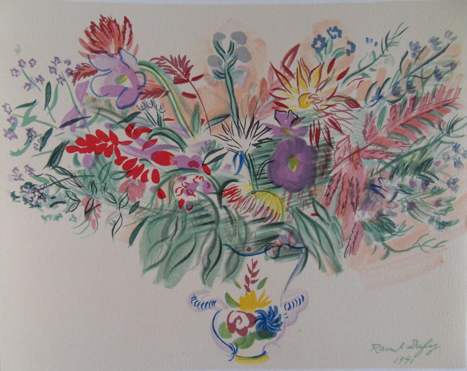 Raoul Dufycolorful Bouquet Of Flowers   Original Lithograph   19651965 photo furniture