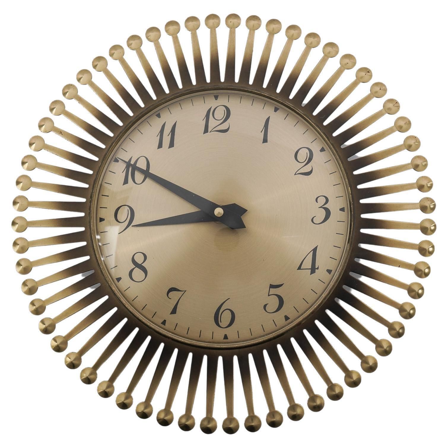 Mid Century Modern Sunburst Wall Clock By Meister Anker In Brass, 1960s Germany
