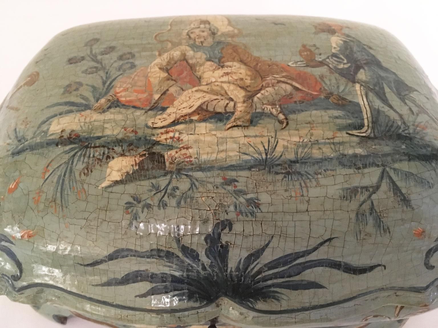 1750 Venezia Italy Green Light Blue Lacquered And Shaped Wooden Box With Flowers photo for sale