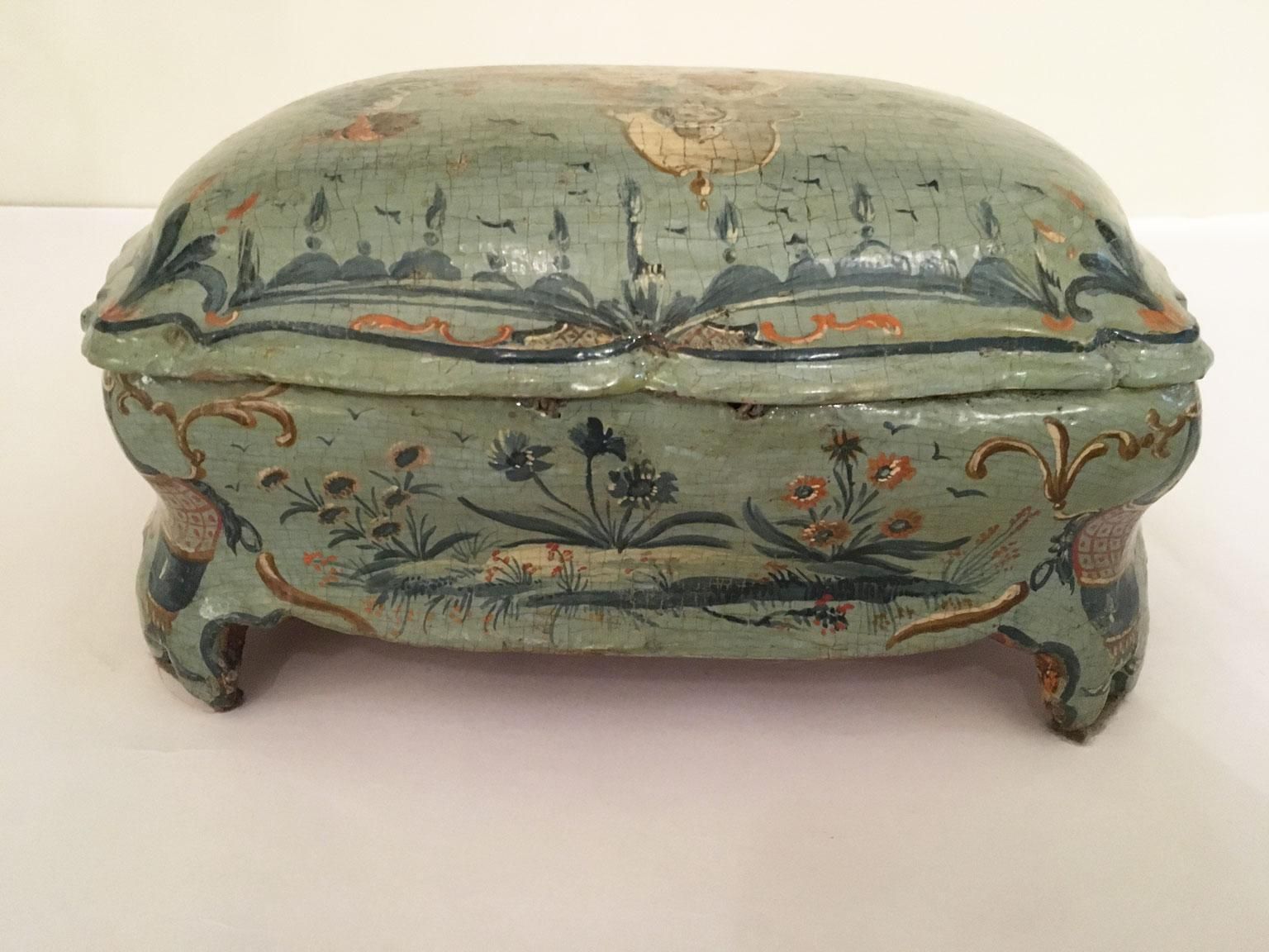 photo for sale 1750 Venezia Italy Green Light Blue Lacquered And Shaped Wooden Box With Flowers