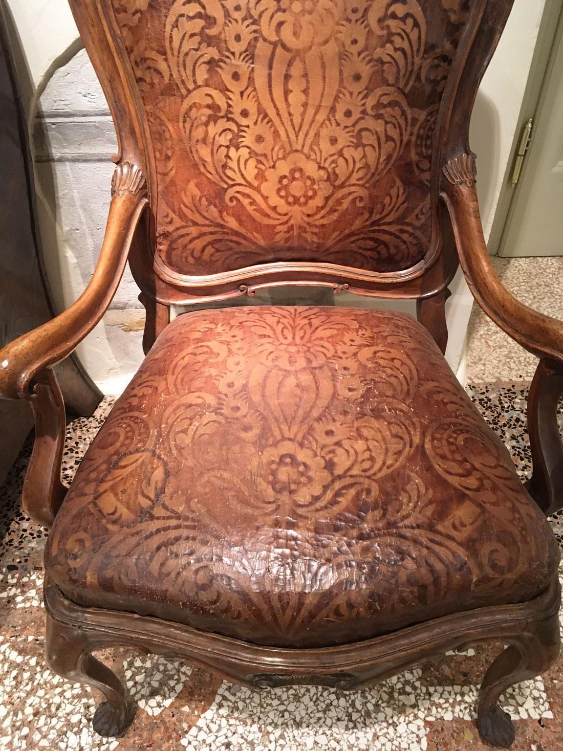 photo for sale 1750 Venezia Pair Of Armchairs In Carved Walnut Original Embossed Leather Covers