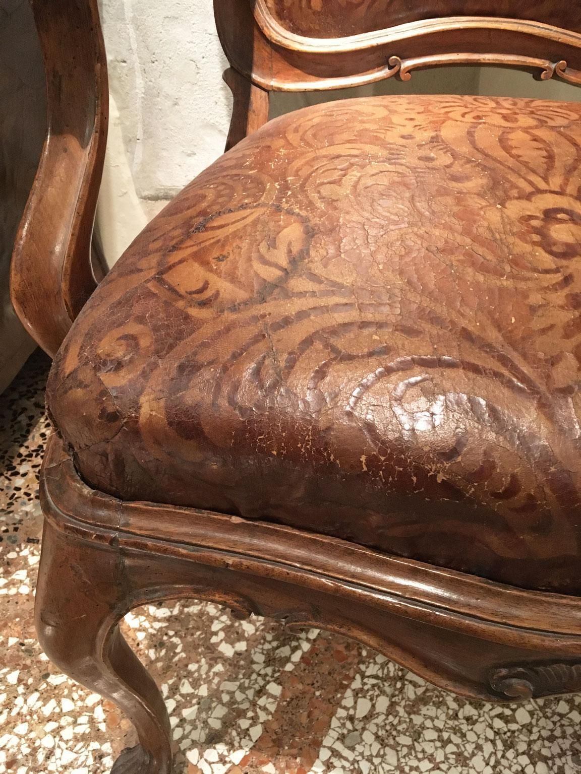 Furniture 1750 Venezia Pair Of Armchairs In Carved Walnut Original Embossed Leather Covers photo