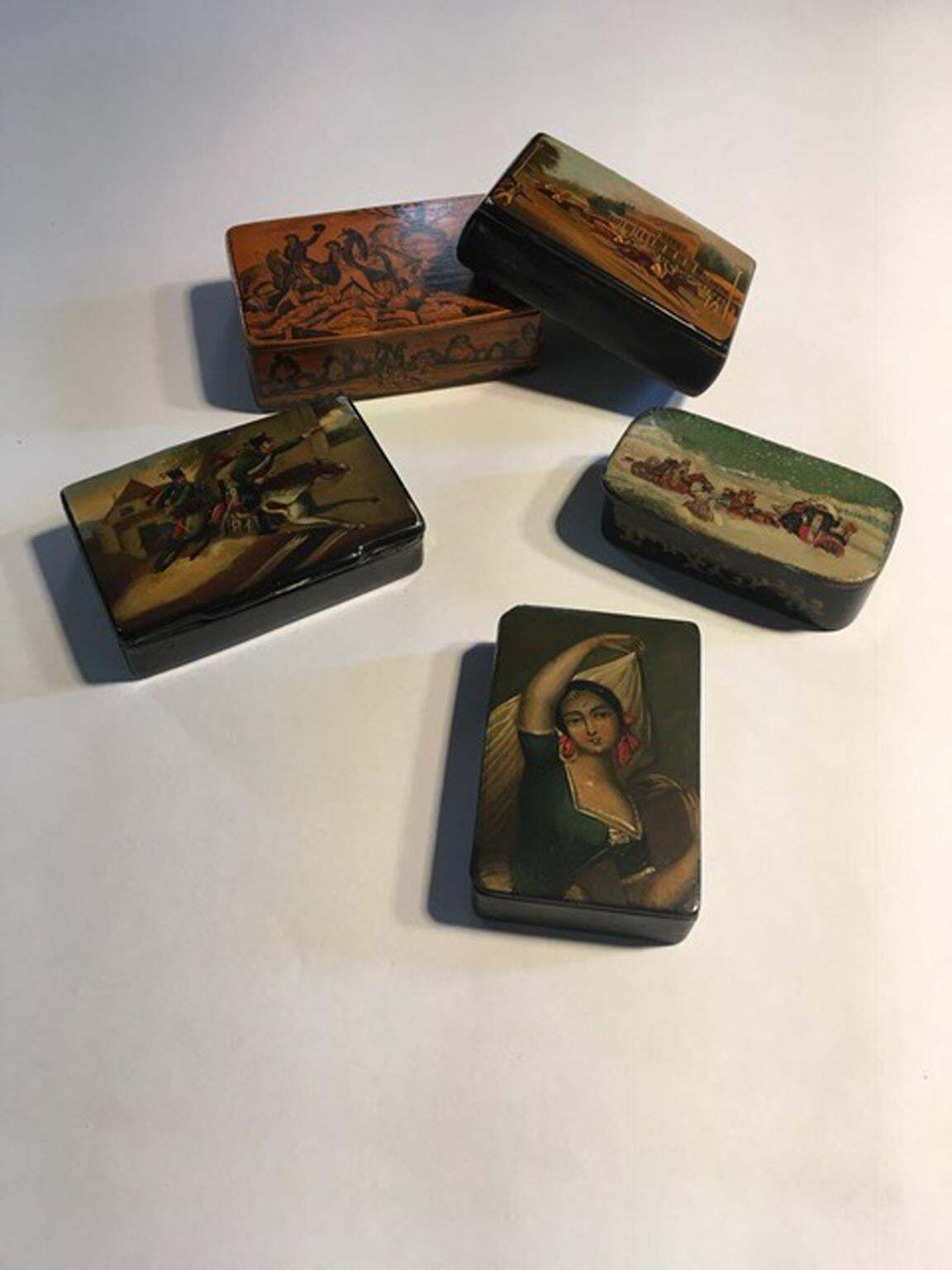 photo buy Mid 18th Century Set Of Five Wood Lacquered Boxes With Landscape Scenes
