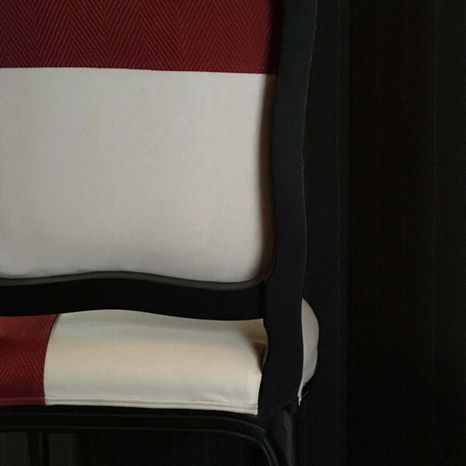 photo for sale French Provincial Lacquered Black Wood Dining Chair Upholstered Red And White