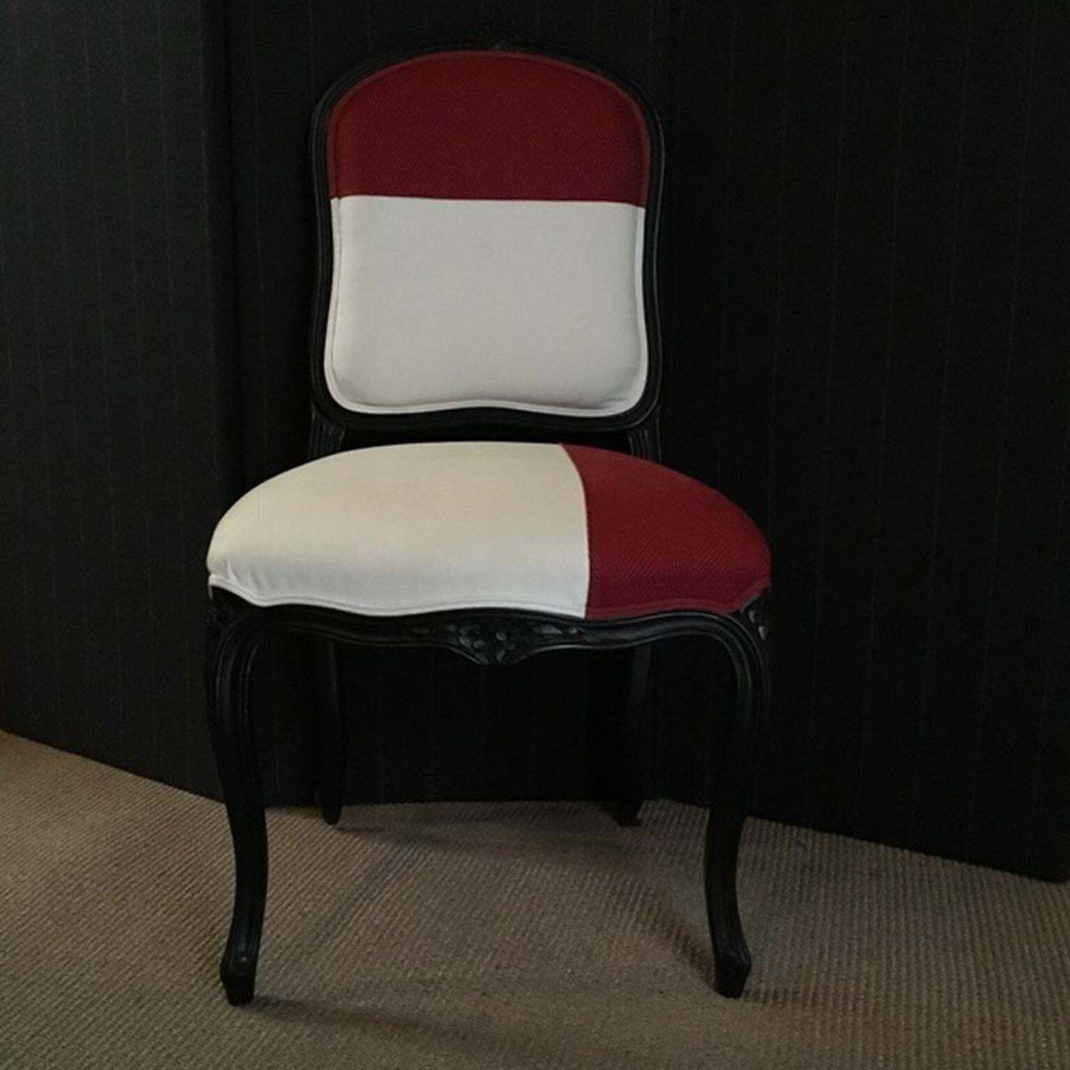 Furniture French Provincial Lacquered Black Wood Dining Chair Upholstered Red And White photo