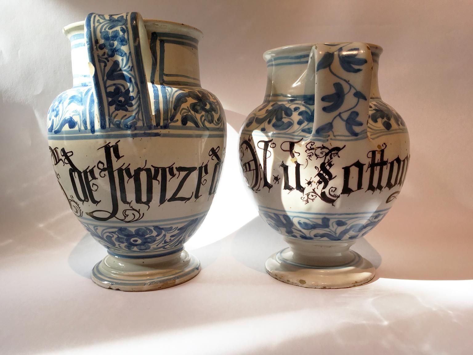 Italy Mid 18th Century Pair Of Ceramic Carafes In White And Blue For Pharmacy photo 1190.0