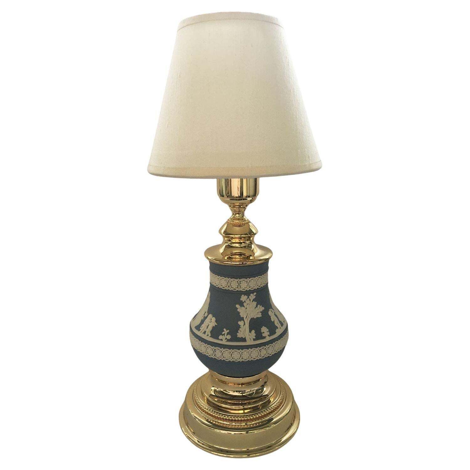 Italy 1970 Hollywood Regency Wedgwood Pale Blue Porcelain And Brass Table Lamp
