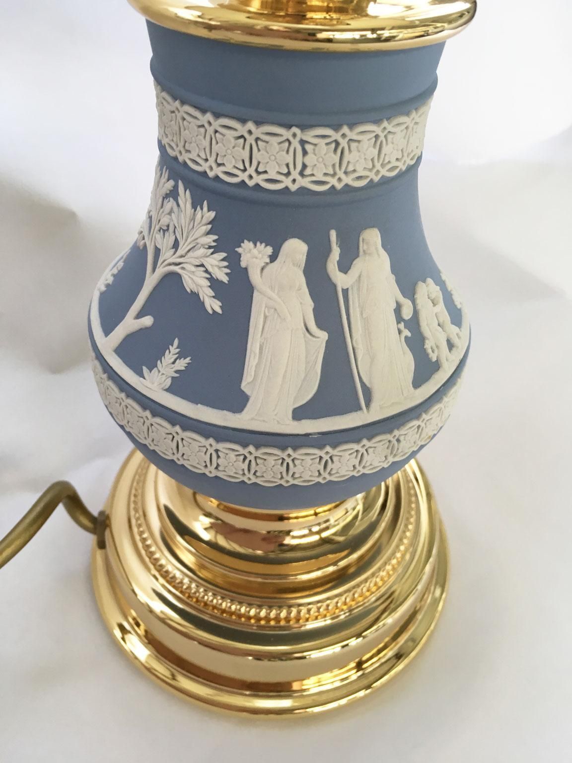 Italy 1970 Hollywood Regency Wedgwood Pale Blue Porcelain And Brass Table Lamp photo buy