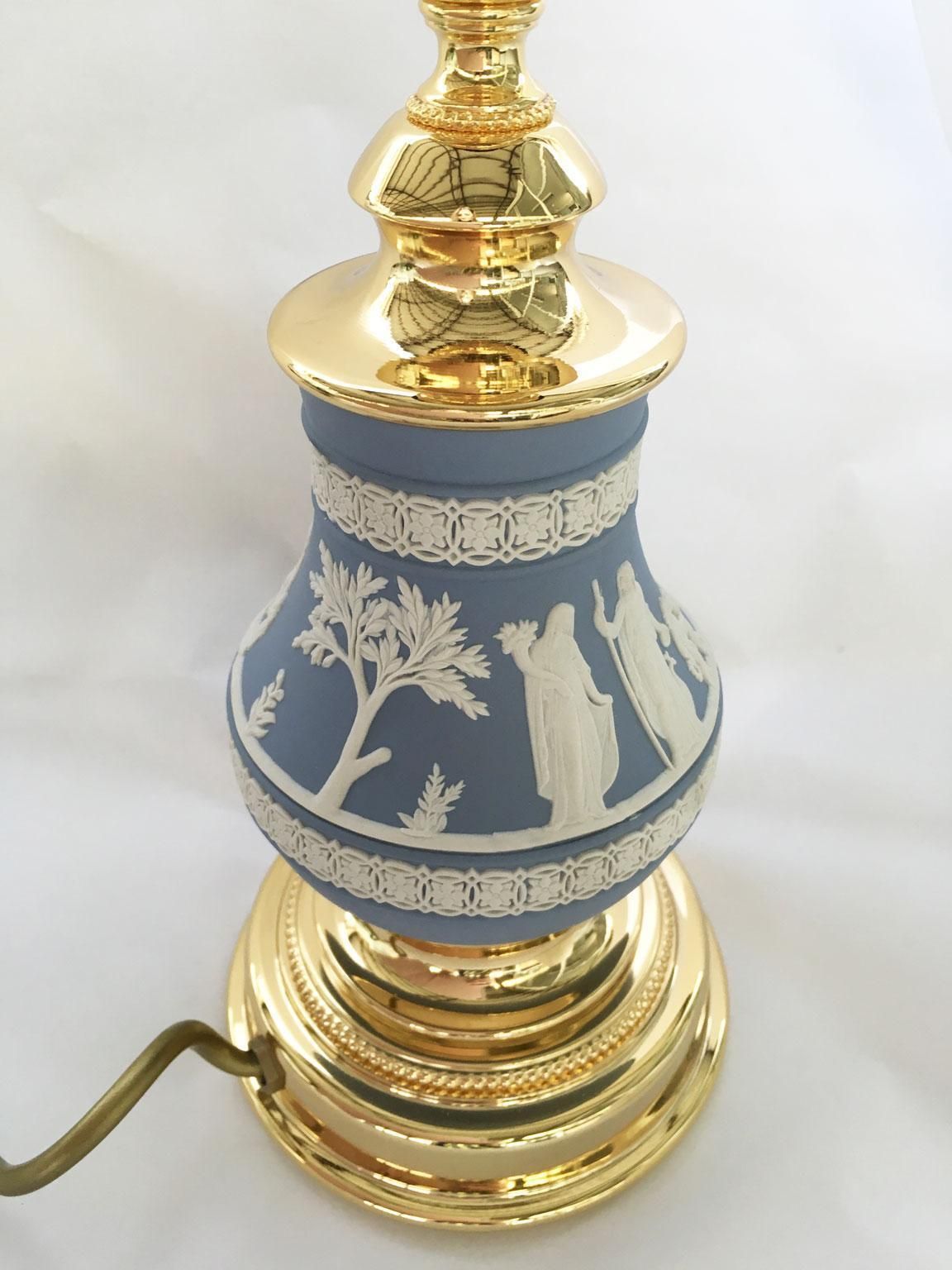 photo for sale Italy 1970 Hollywood Regency Wedgwood Pale Blue Porcelain And Brass Table Lamp