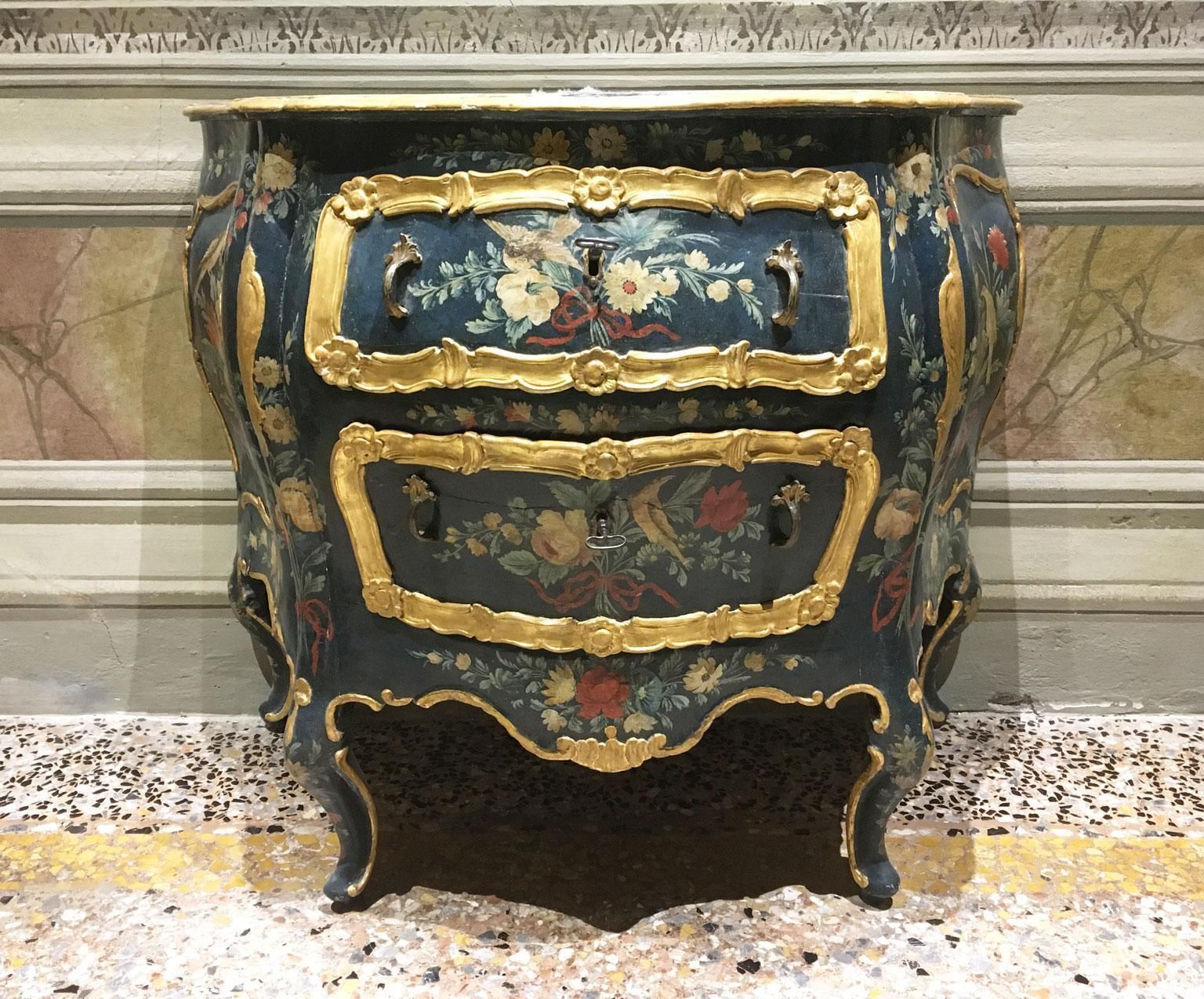 1750 Venezia Italy Wooden Green Lacquered Commode With Fantasy Birds And Flowers photo furniture