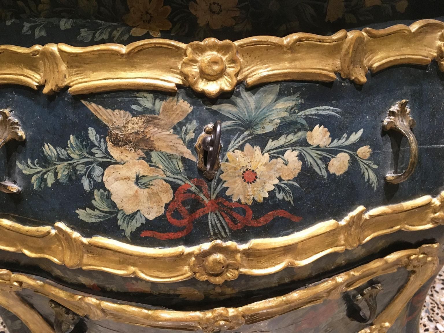 1750 Venezia Italy Wooden Green Lacquered Commode With Fantasy Birds And Flowers photo buy