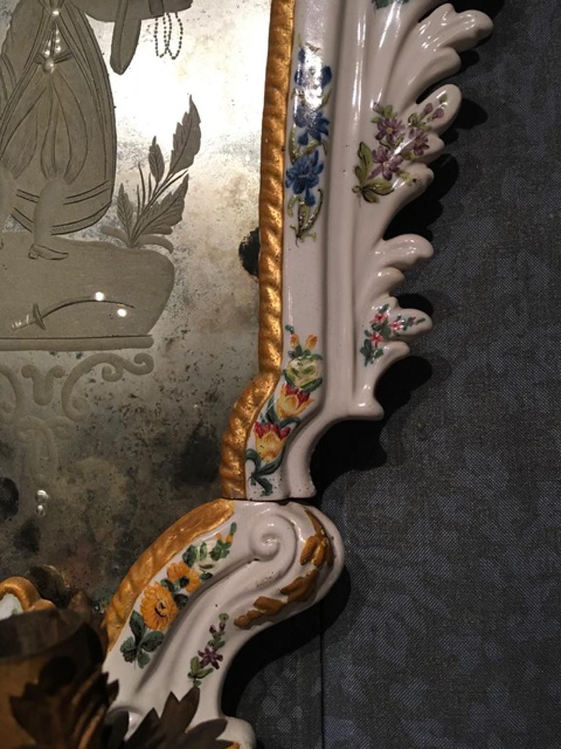 Home Decor 19th Century  Pair Italian White Porcelain Baroque Mirrors With Flowers photo