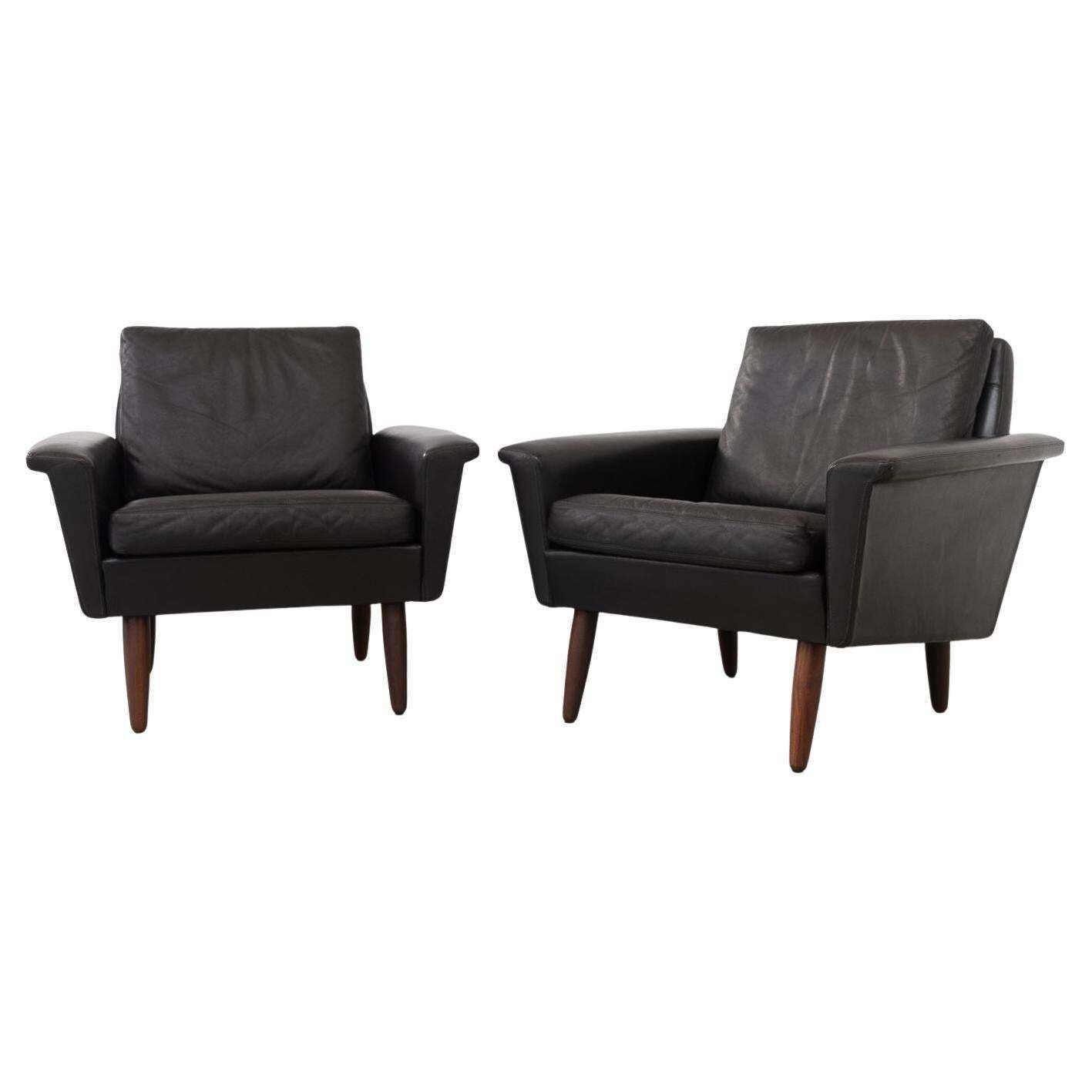 Mid Century Danish Black Leather Lounge Chairs By Thams, 1960s. Set Of 2.