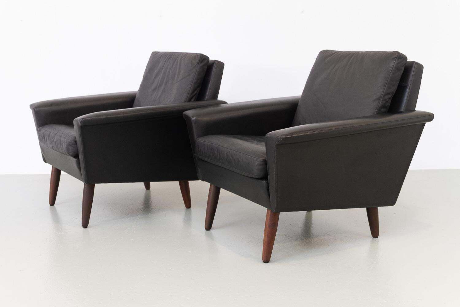 photo for sale Mid Century Danish Black Leather Lounge Chairs By Thams, 1960s. Set Of 2.