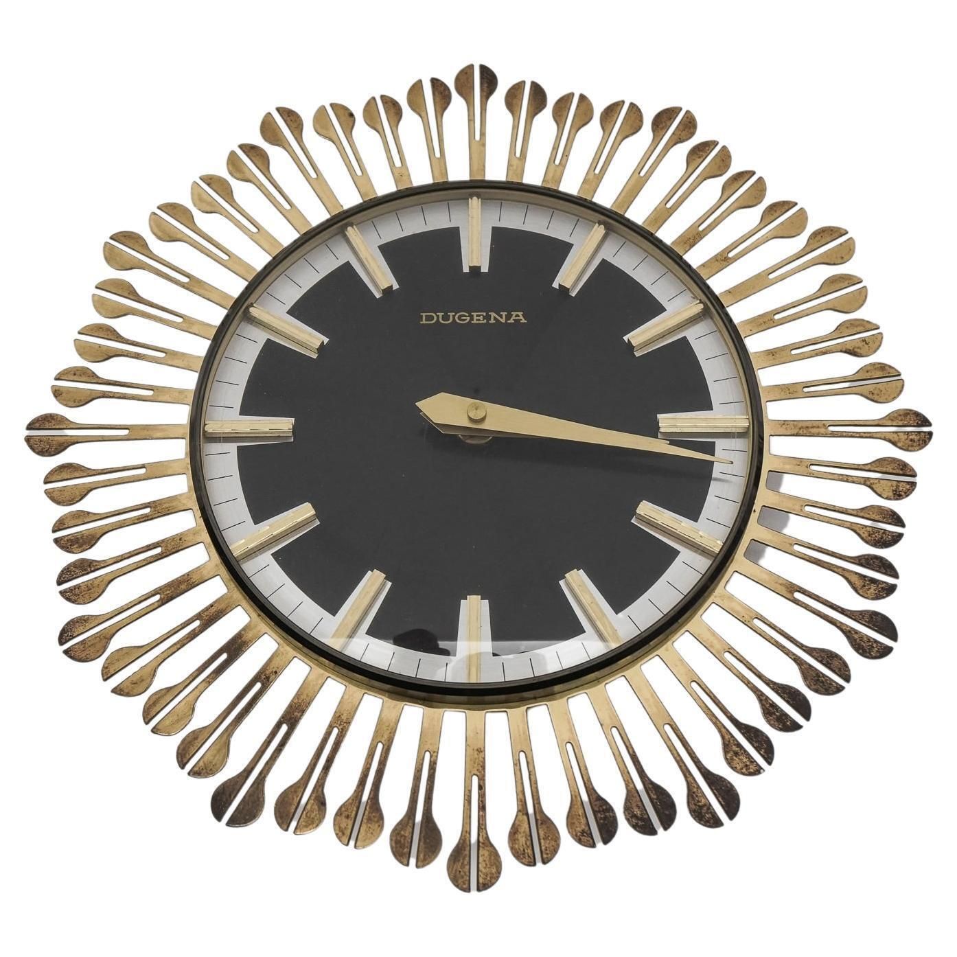 Mid Century Modern Sunburst Wall Clock By Dugena In Brass, 1960s, Germany
