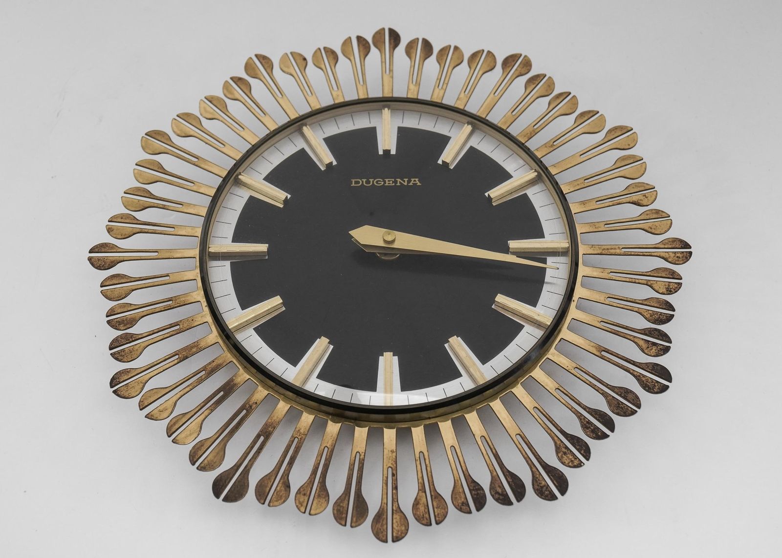 Mid Century Modern Sunburst Wall Clock By Dugena In Brass, 1960s, Germany photo for sale