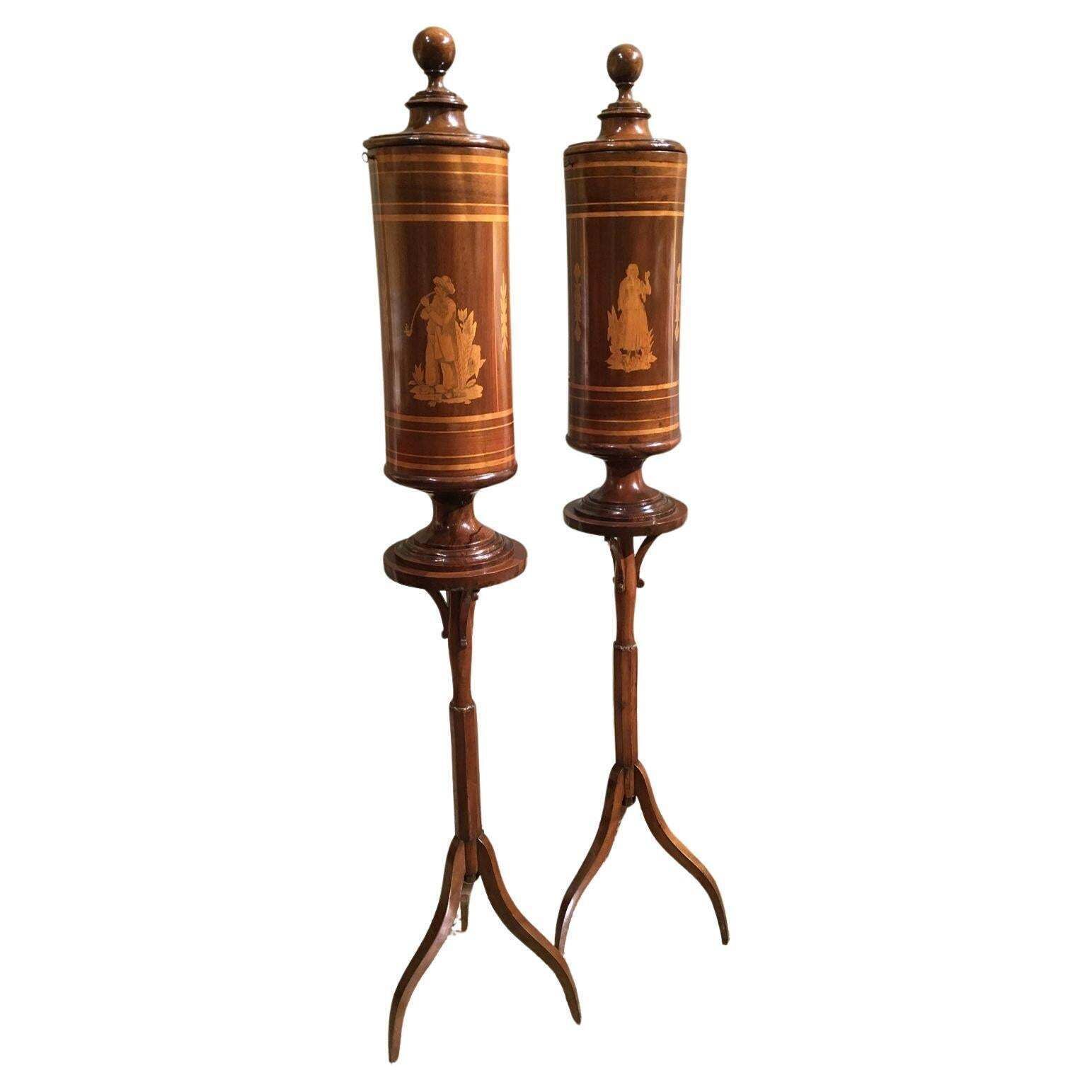 Early 19th Century  Venezia Pair Of Inlaid Walnut Tobacco Boxes On Stands