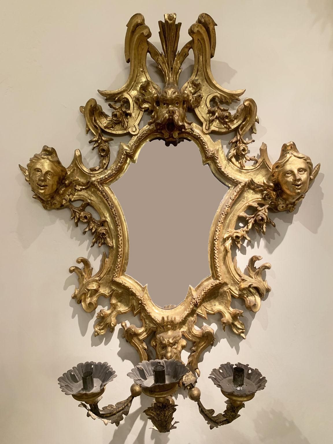 photo buy Early 18th Century Italy Pair Of Engraved Gilded Wall Mirrors 3 Candles Holder