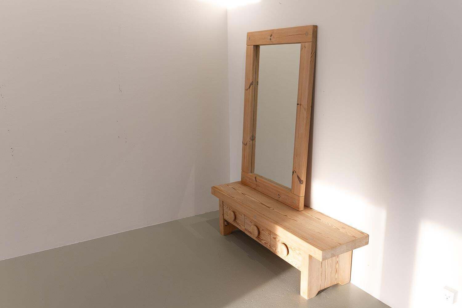 Swedish Modern Pine Bench And Mirror By Ruben Ward For Fröseke, 1970s. photo for sale