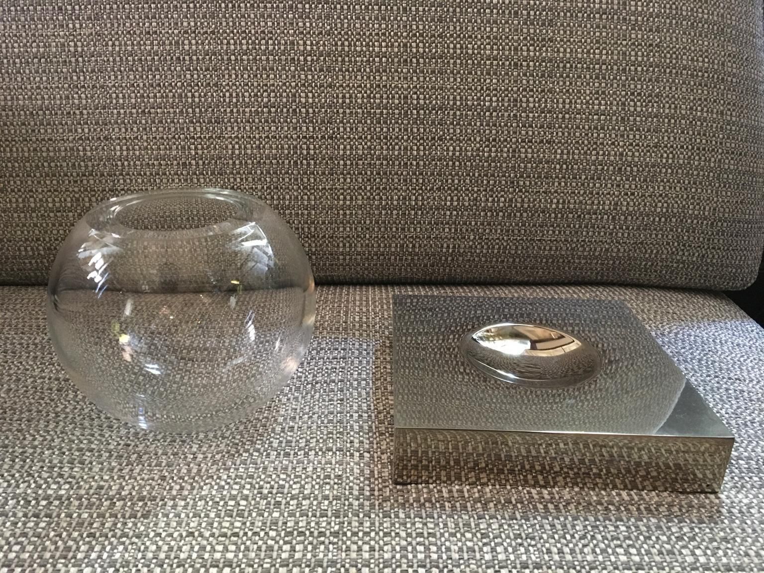 Italy Round Blown Clear Glass And Brass Vase In Chrome Finish photo vinterior