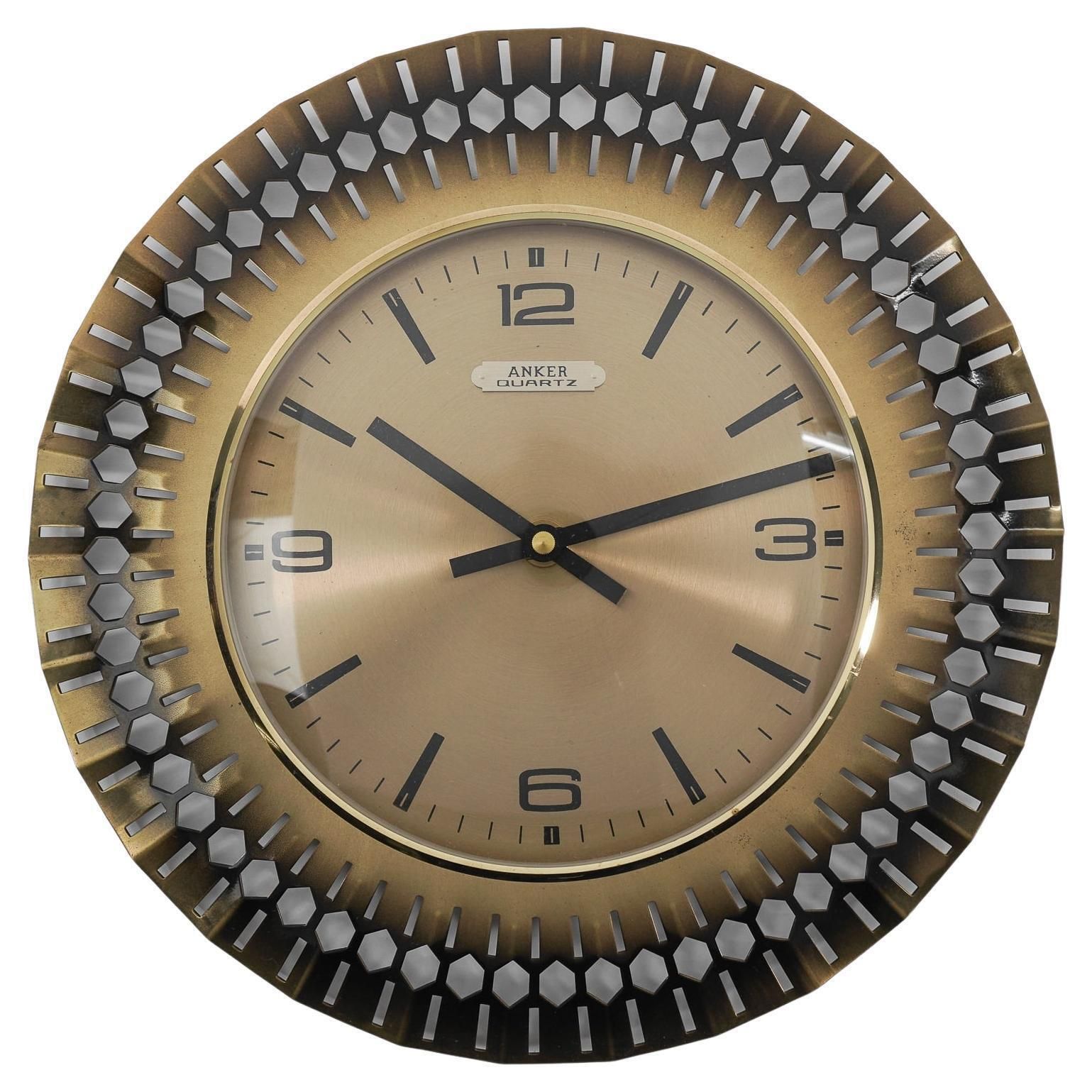 Mid Century Modern Sunburst Wall Clock By Meister Quarz In Brass, 1960s, Germany