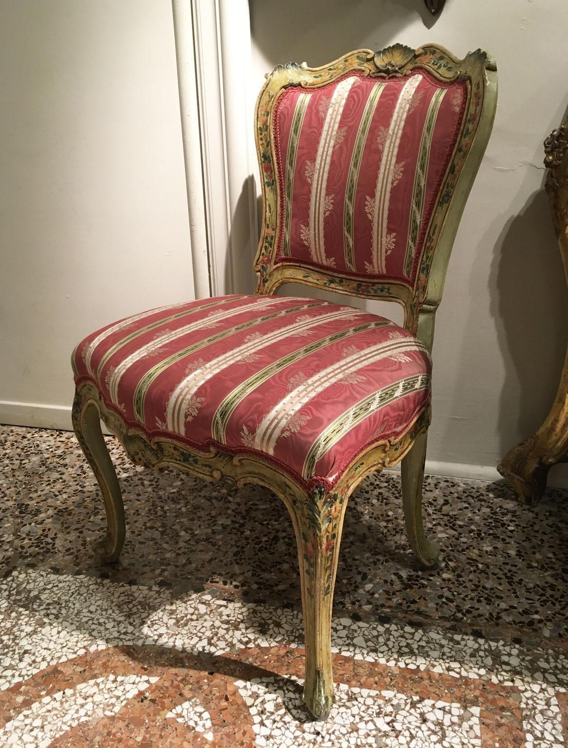 1750 Venezia Italy Set 3 Green Lacquered Wooden Engraved Chairs With Flowers photo furniture