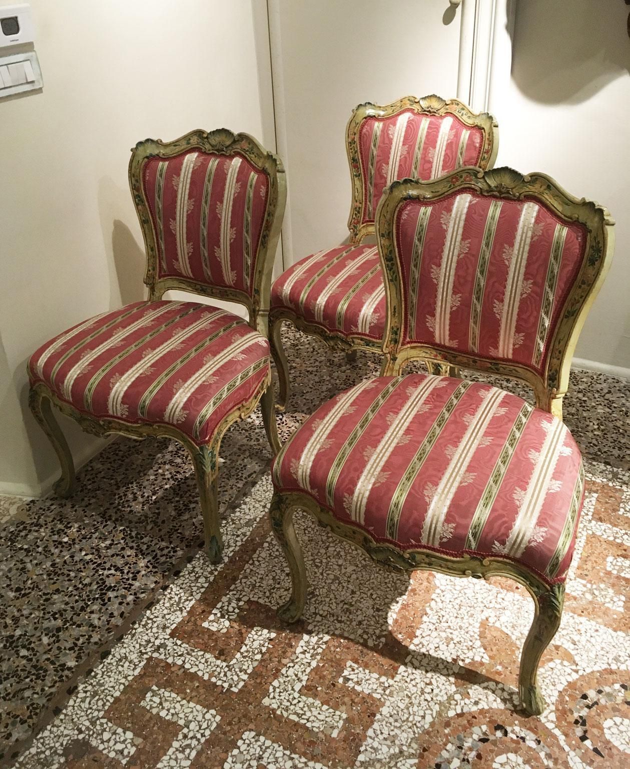 1750 Venezia Italy Set 3 Green Lacquered Wooden Engraved Chairs With Flowers photo 38244.0
