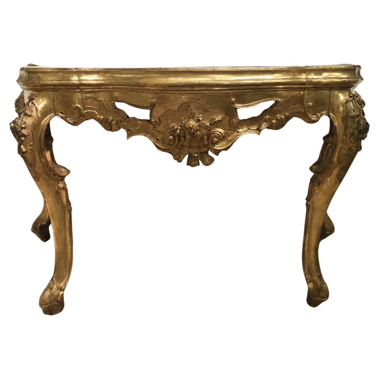 1725 Venezia Italy Giltwood Engraved Console With Onyx  Marble Top