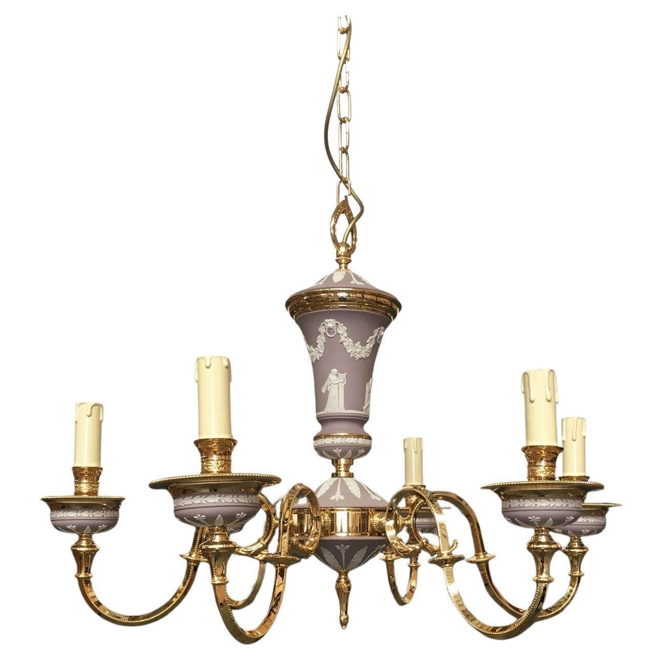 1970 Italy Lilac Brass And Porcelain Chandelier Hollywood Regency Style 6 Lights