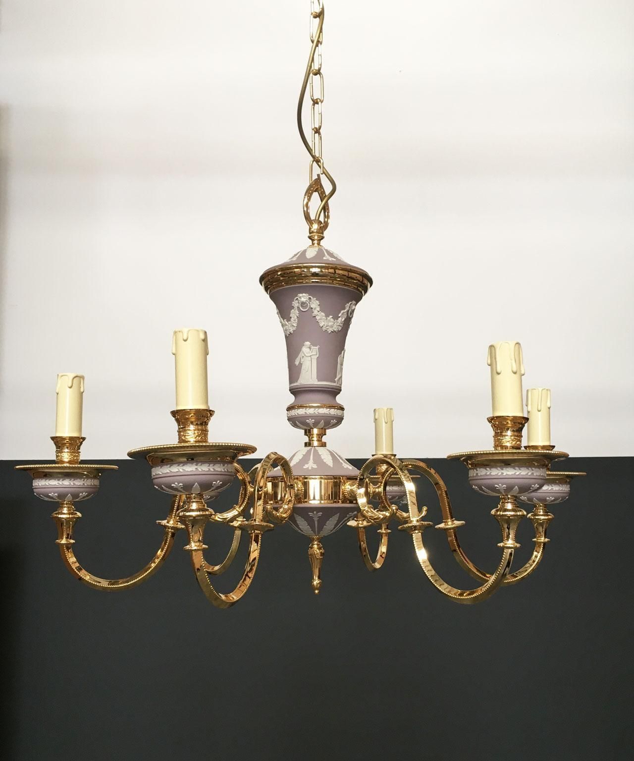1970 Italy Lilac Brass And Porcelain Chandelier Hollywood Regency Style 6 Lights photo furniture